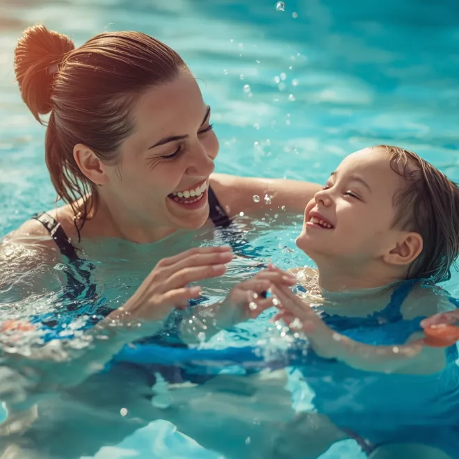 Parent teaching beginner swimming skills for kids in a shallow pool