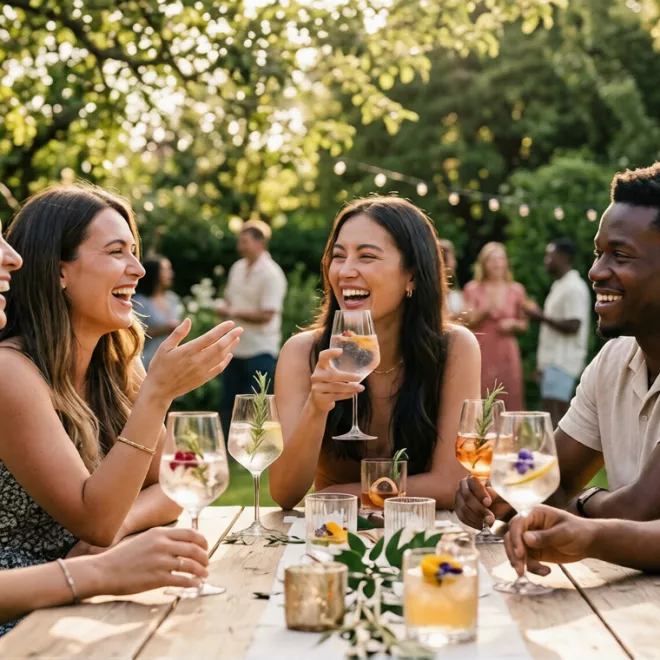 A group of diverse friends engaging in authentic conversation at a modern social gathering with non-alcoholic beverages.
