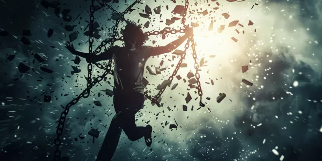 A person breaking chains, overcoming victim mentality