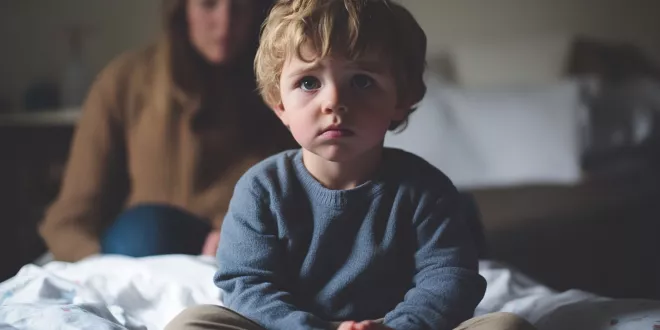 A young child sitting on a bed, anxious