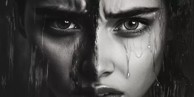 Co-Morbidity, split image, two faces, depicting anxiety, depicting depression