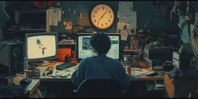 Person procrastinating at cluttered desk with distractions and clock ticking