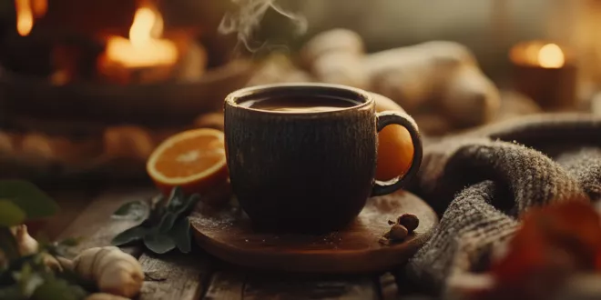 Cozy winter scene with warm drink, fresh ginger, garlic, leafy greens, and citrus fruits to boost immune system before winter.