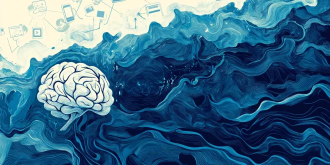 Minimalist illustration of the brain during a dopamine detox with technology icons fading