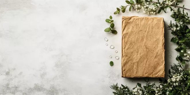 Eco-friendly soap surrounded by greenery and eco-symbols, highlighting the environmental impact of soap