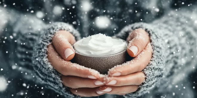 How to maintain glowing skin in winter: hands applying cream amidst a serene snowy winter backdrop