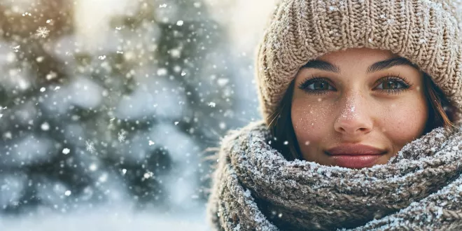 Young woman with glowing skin in a snowy winter landscape, illustrating a natural winter skincare routine.