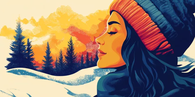 Winter skincare routine for oily skin: A woman with glowing, healthy skin enjoying the snowy outdoors