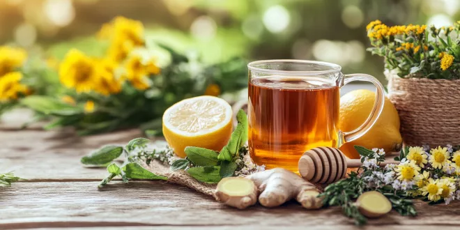 Natural home remedies including herbal tea, ginger, and lemon for relieving chest pain from coughing