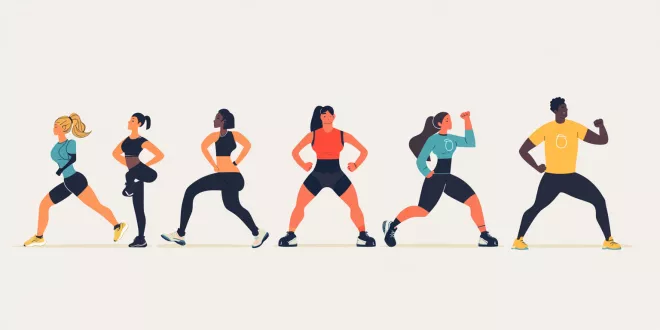 People doing strength training exercises like squats and lunges