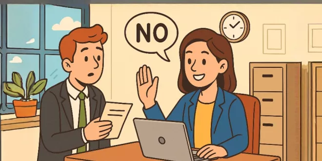 Confident employee politely declining a request in a professional office setting