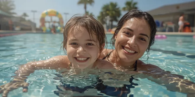Parent teaching child to swim and float in a pool