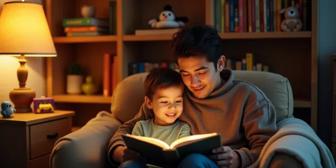 Parent and child reading together in a cozy corner, ages 7-9