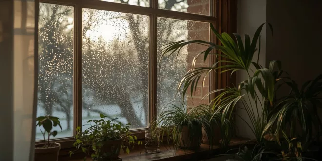 Fogged winter window with condensation droplets in a cozy, healthy home
