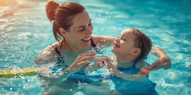 Parent teaching beginner swimming skills for kids in a shallow pool