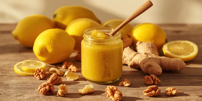 Jar of honey nut lemon ginger paste with lemons, nuts, and ginger on a rustic wooden surface.