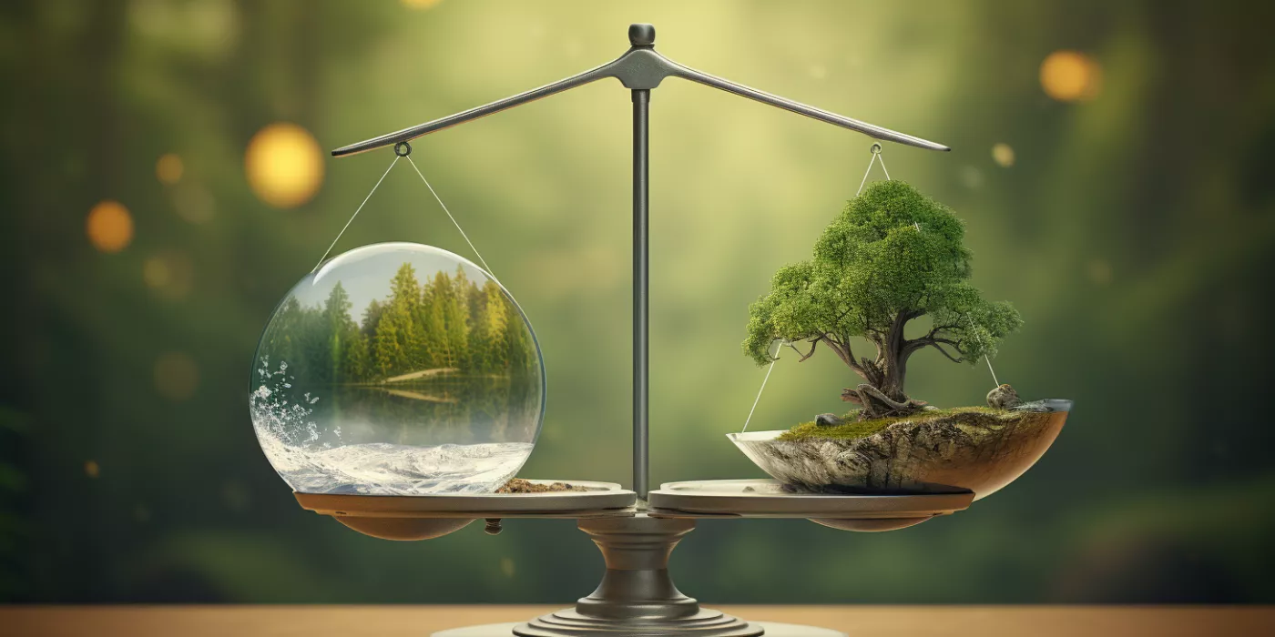 balanced scale with nature elements on one side and digital devices on the other