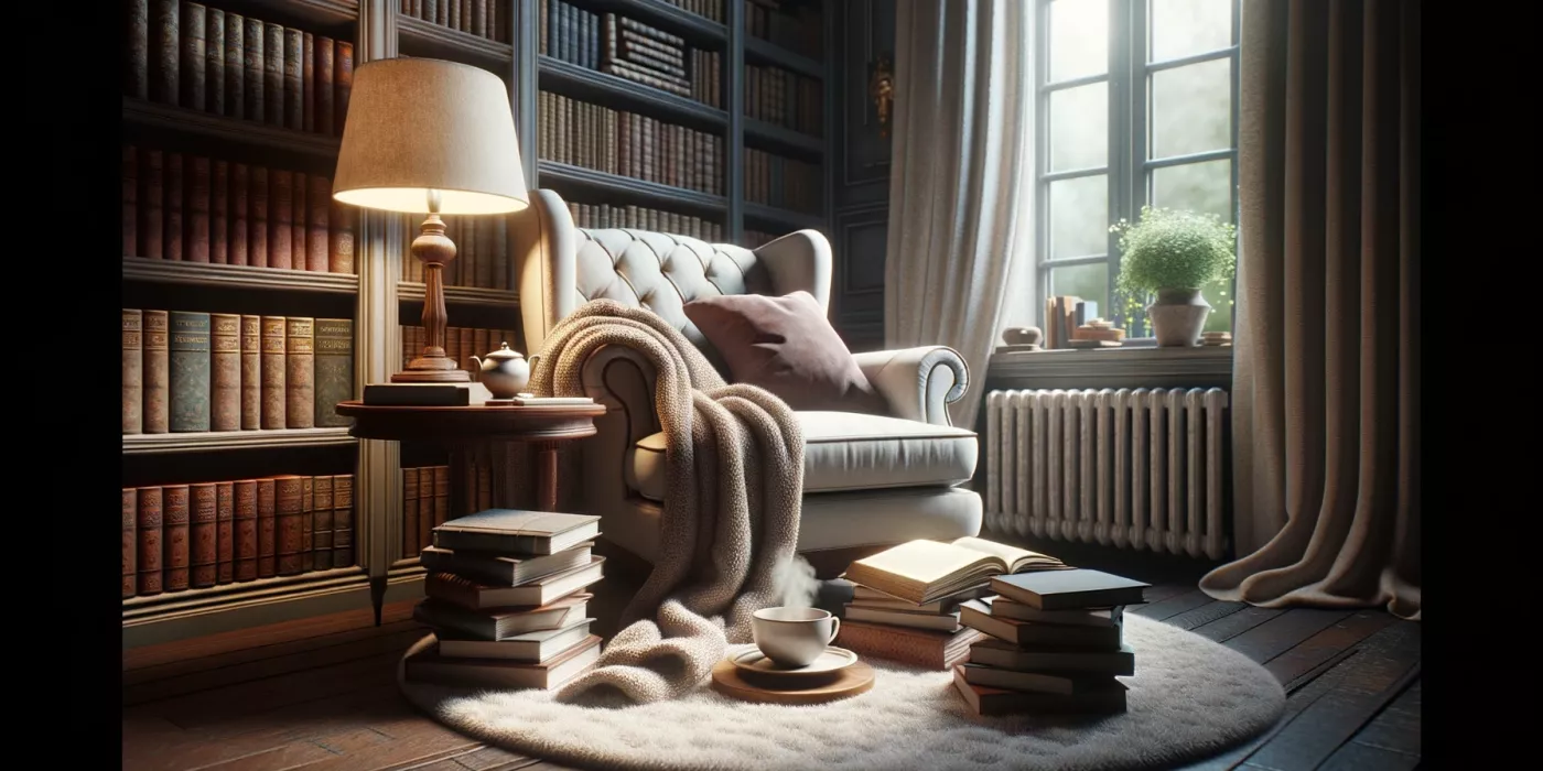 cozy reading nook, armchair, window seat, books