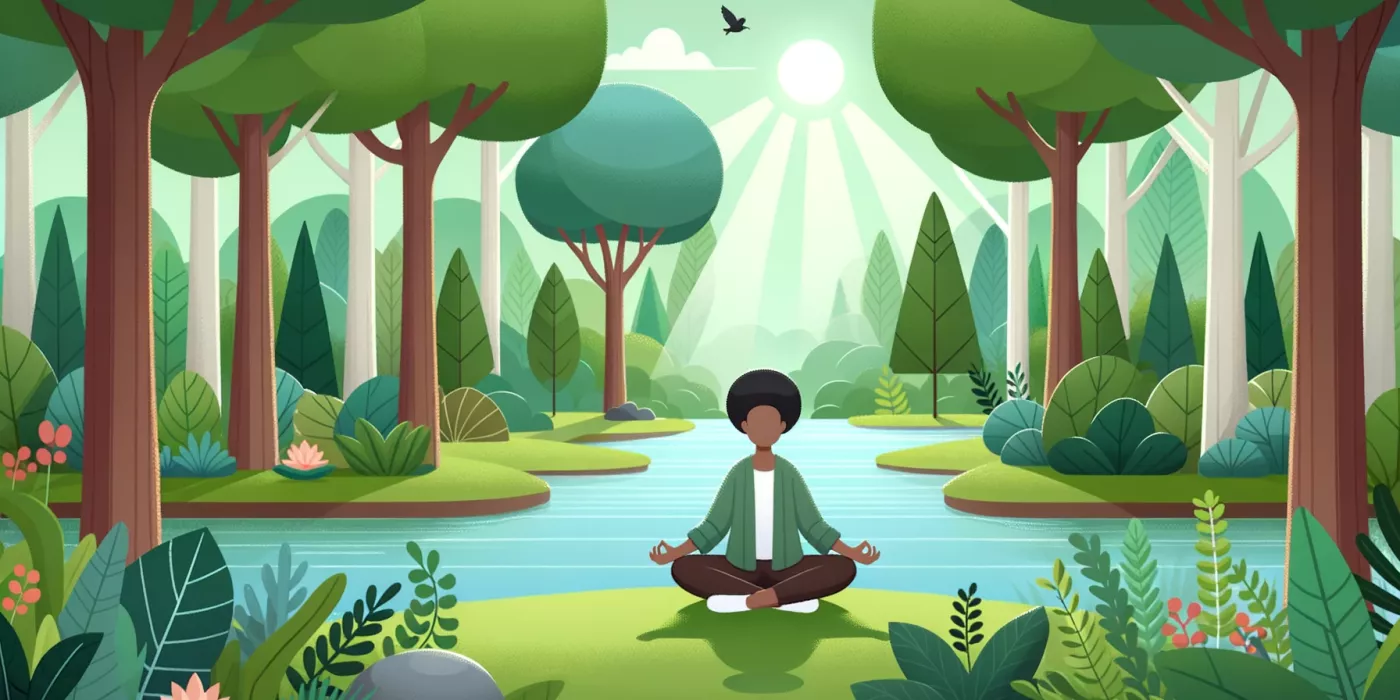 cartoon ,meditating, peacefully, nature