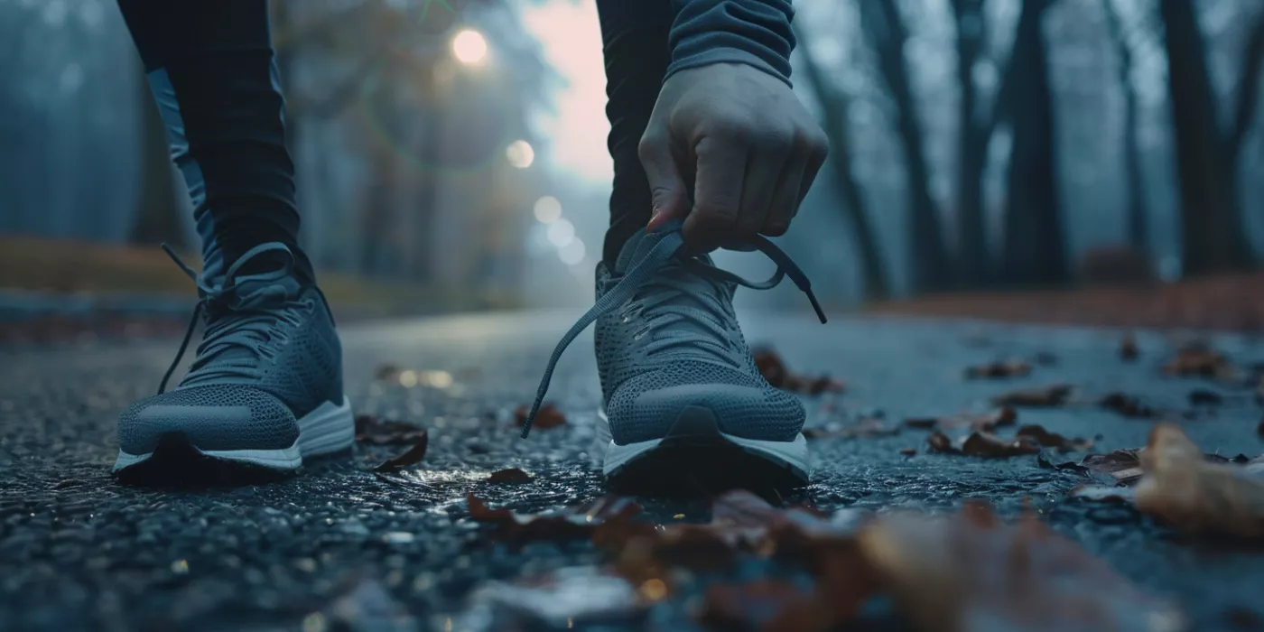 lacing up running shoes