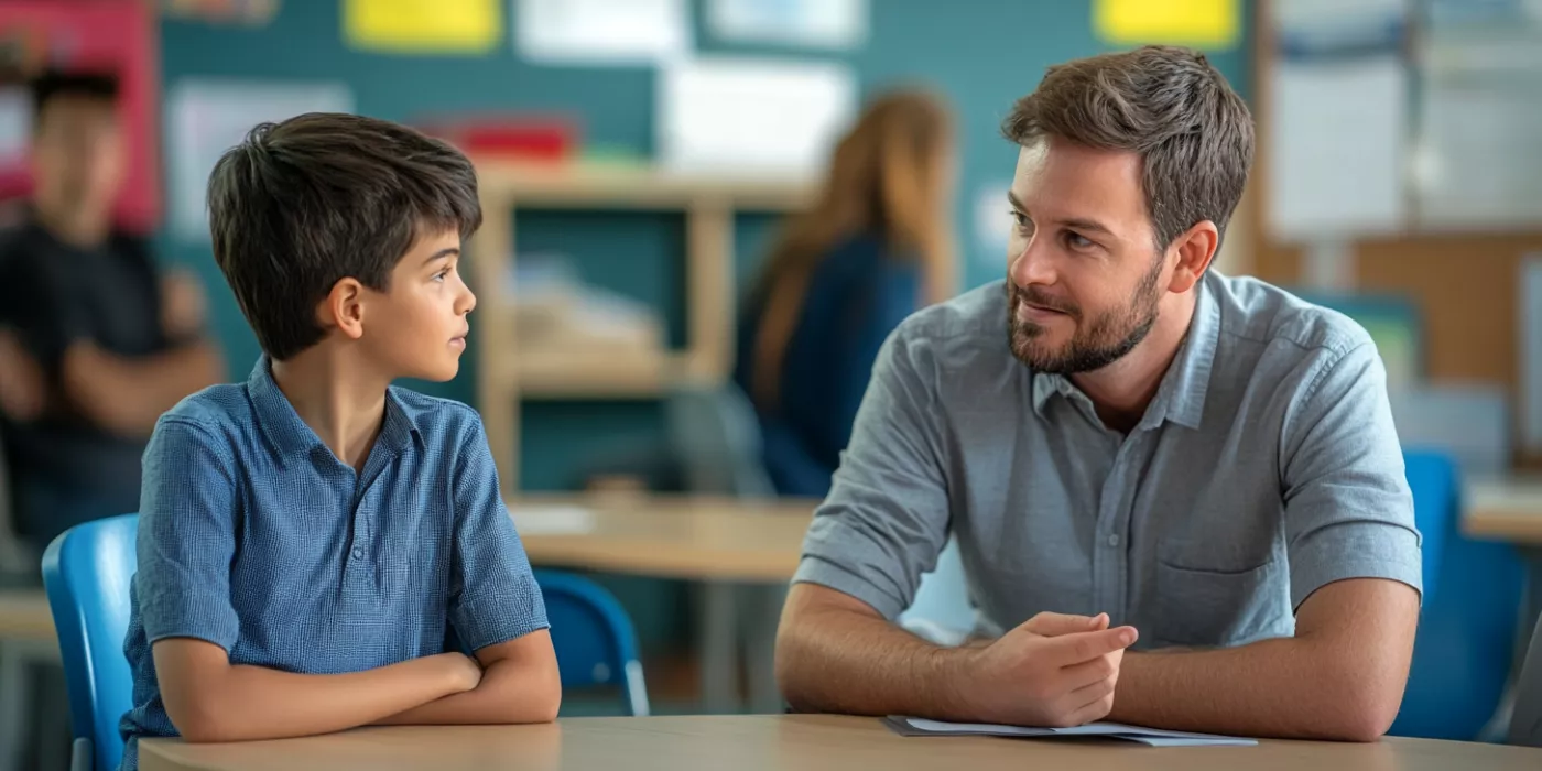 A caring teacher, student one-on-one, supportive manner, school, managing anxiety