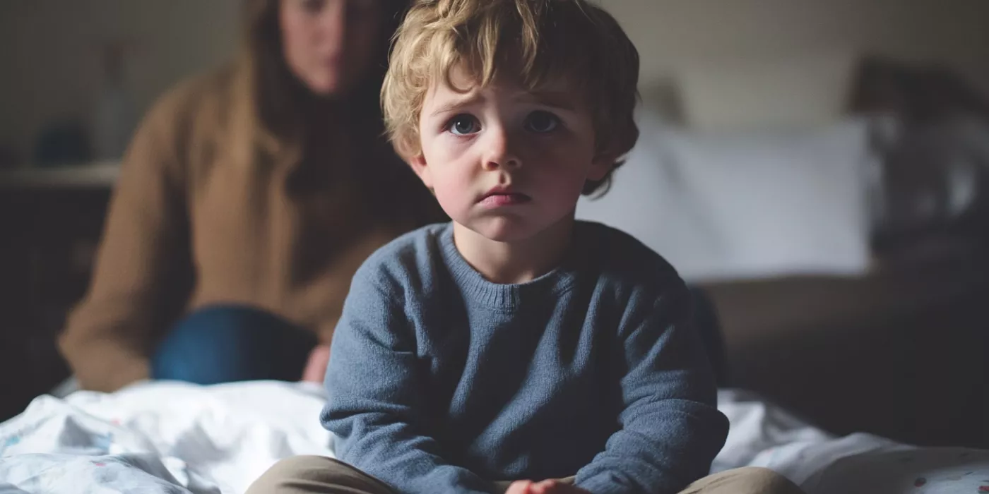 A young child sitting on a bed, anxious