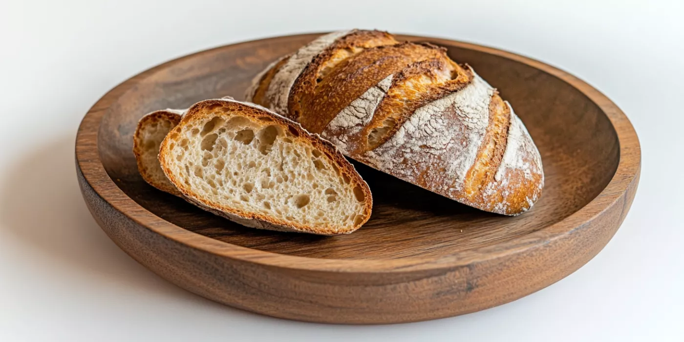 Bread on wooden plate, carbohydrates