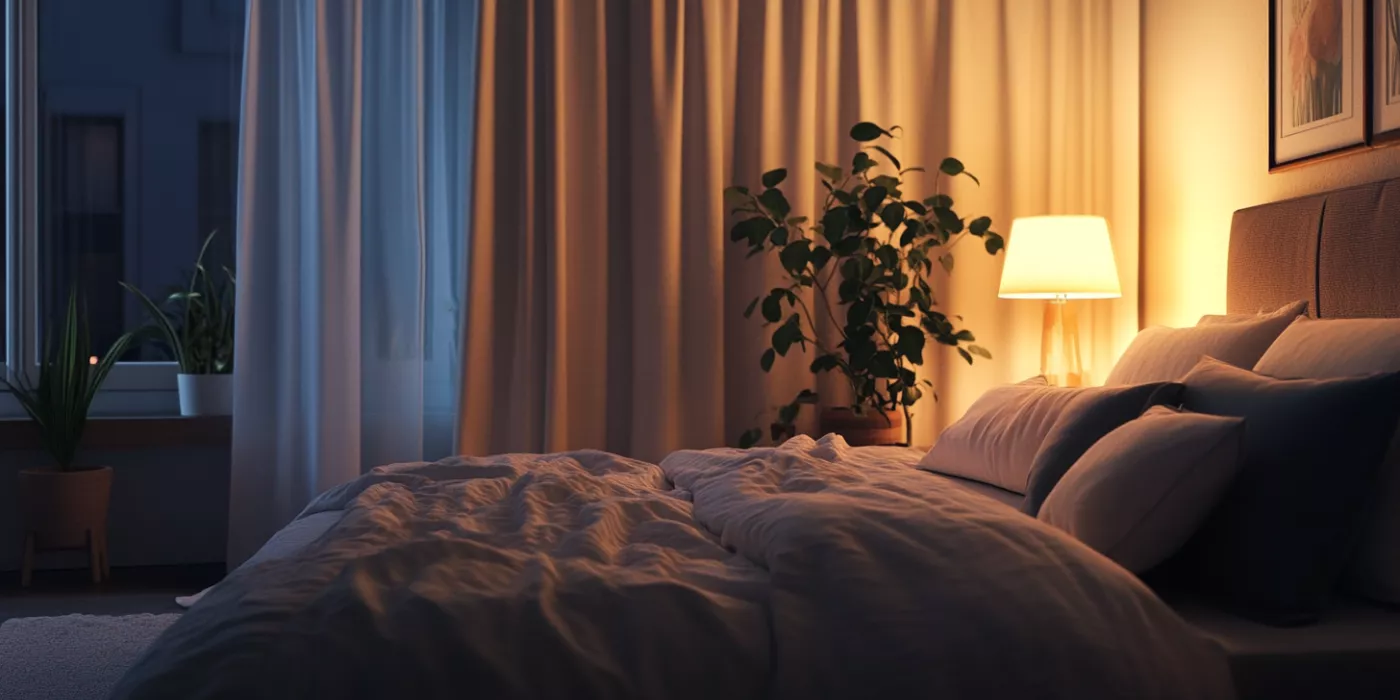 Cozy bedroom at night with soft lighting, a comfortable bed, fluffy pillows, and plants, creating an ideal sleep environment for better sleep hygiene and quality rest