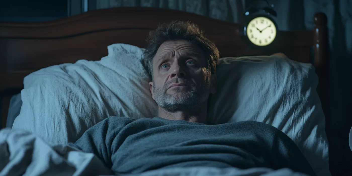 Man struggling to sleep at night, lying in bed with an anxious expression, indicating difficulty falling asleep and insomnia caused by alcohol-related sleep disturbances