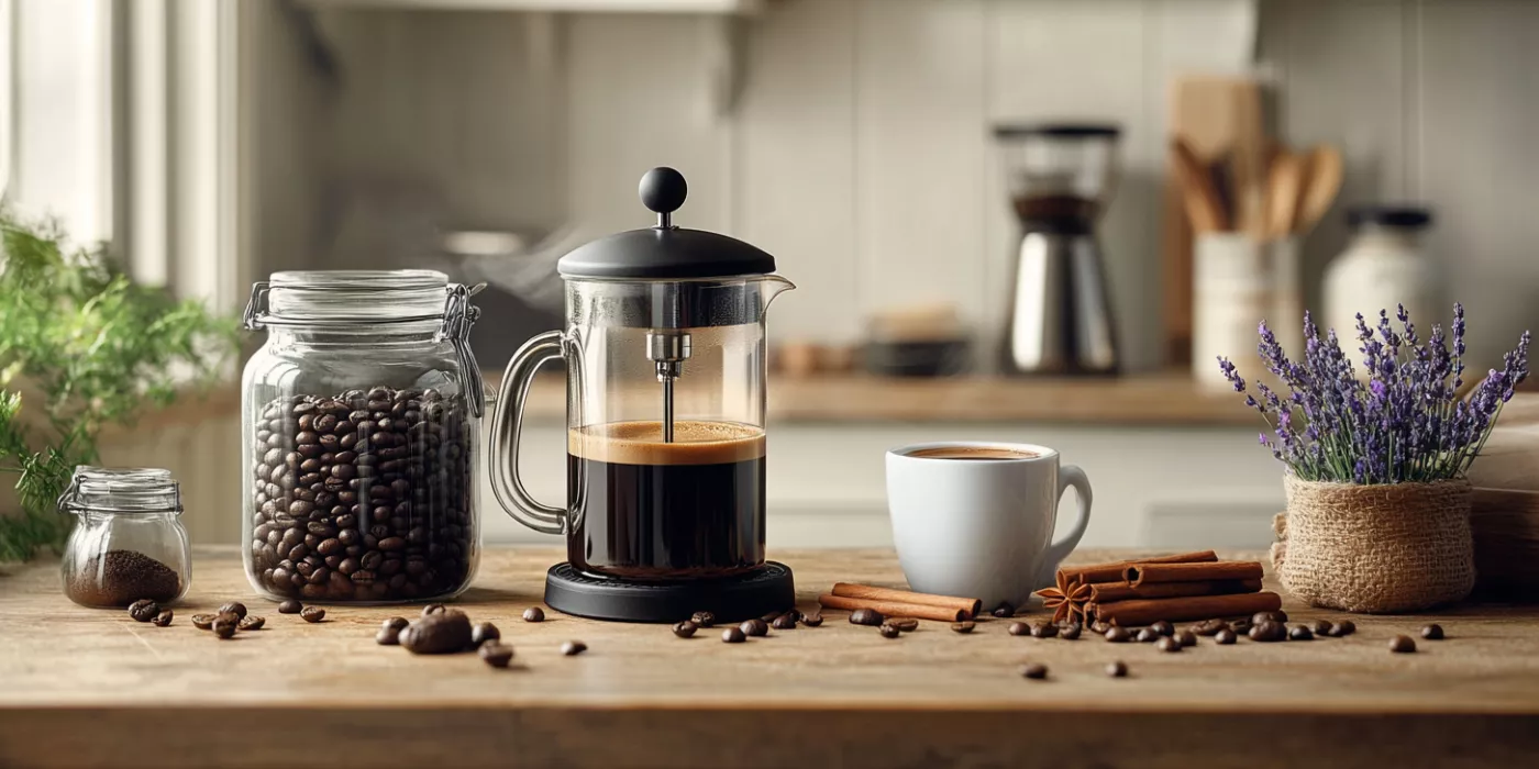 Cozy kitchen with coffee-making equipment, coffee beans, spices, and herbs under warm morning sunlight
