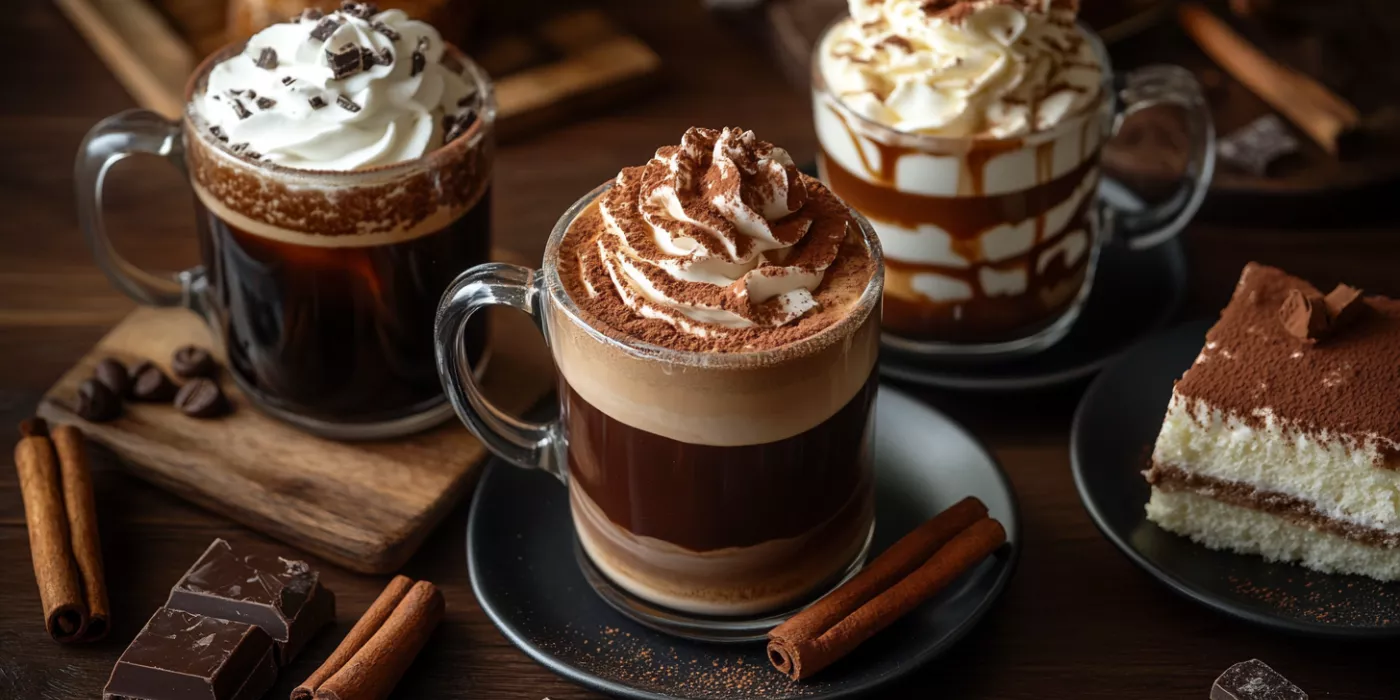 Variety of dessert-inspired coffees - mocha with whipped cream, tiramisu coffee, white chocolate mocha - on a dark wooden table