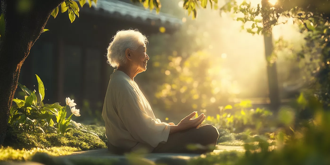 Elderly person sitting peacefully in a sunlit garden, representing calmness and mindfulness