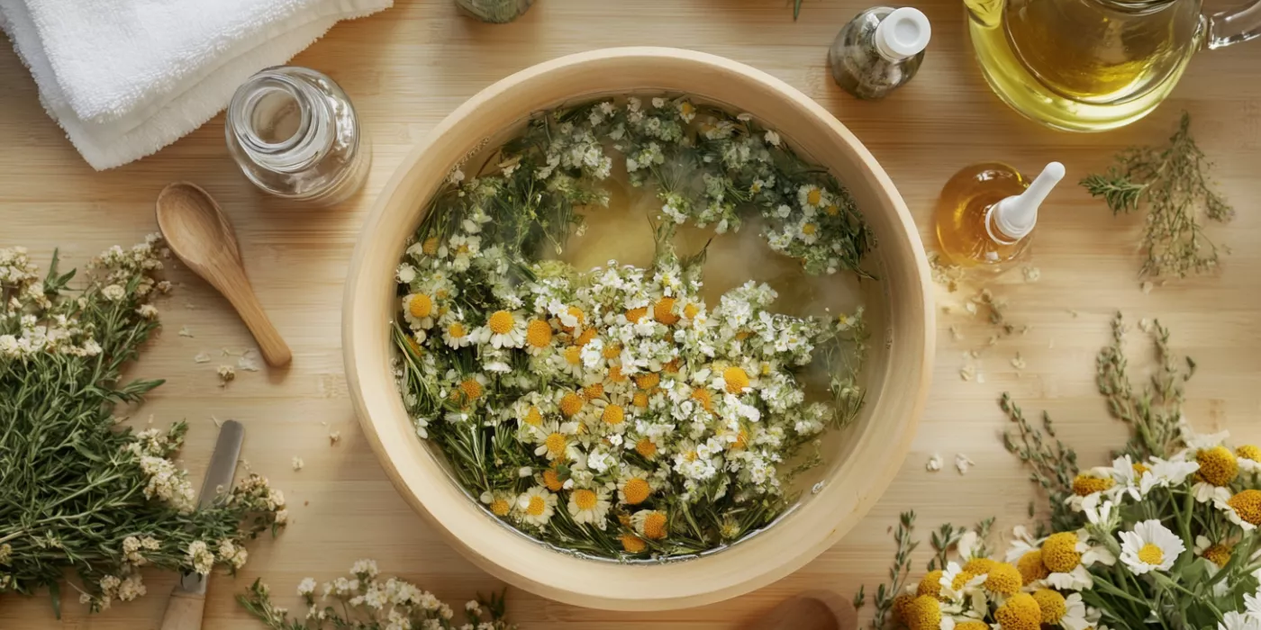 Top-down view of a herbal steam setup with a bowl of steaming water, herbs, essential oil bottles, and a teapot on a wooden surface.