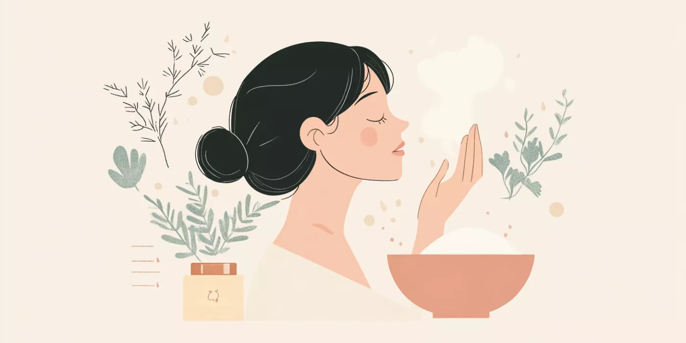 Illustrated guide showing safe practices for herbal facial steam, including distance from steam and skin patch testing.