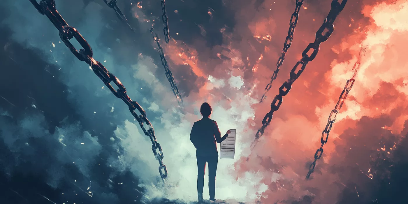 Person breaking free from procrastination chains with a checklist of completed tasks