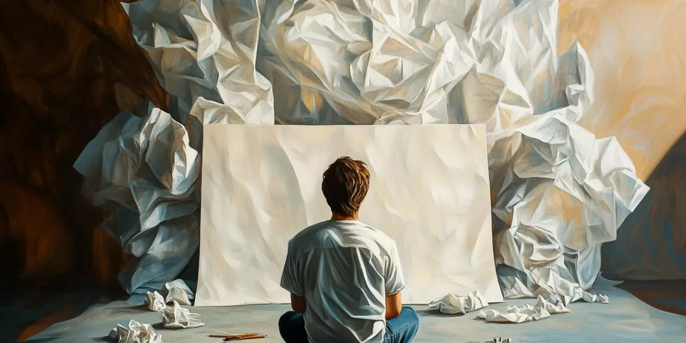 Person frozen by perfectionism in front of blank canvas