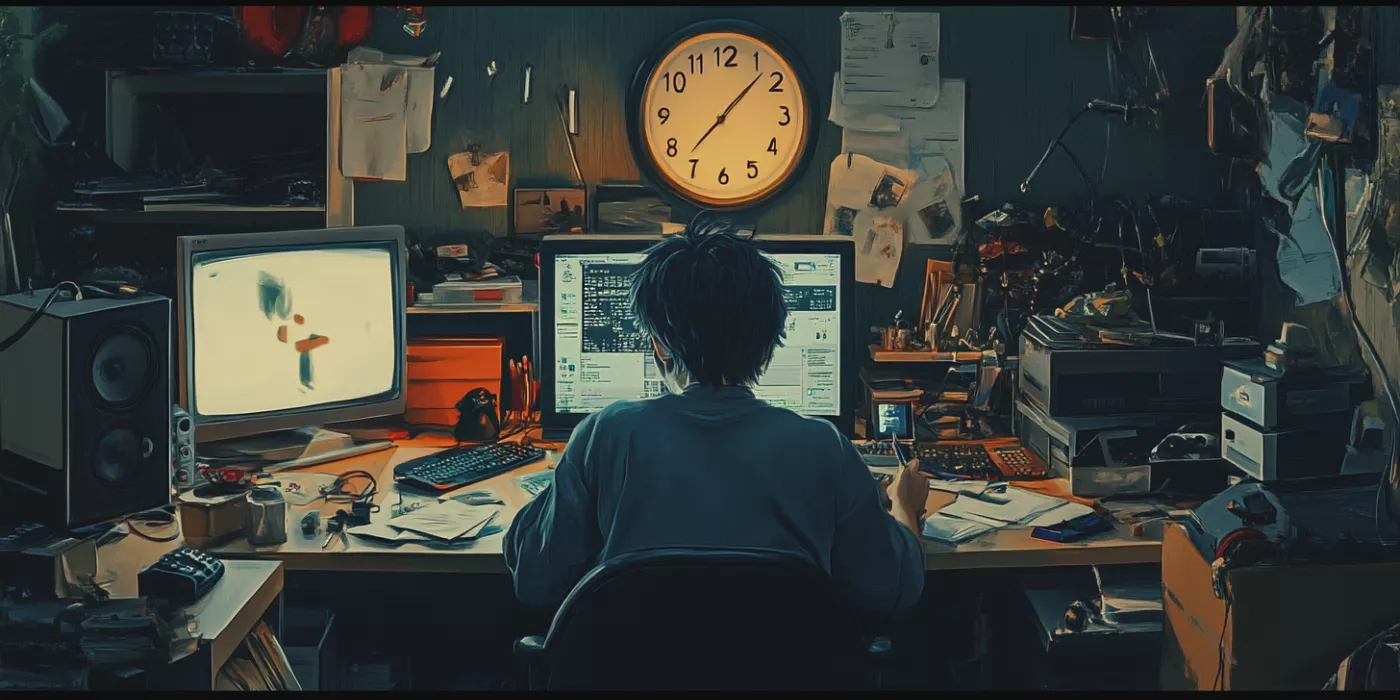 Person procrastinating at cluttered desk with distractions and clock ticking