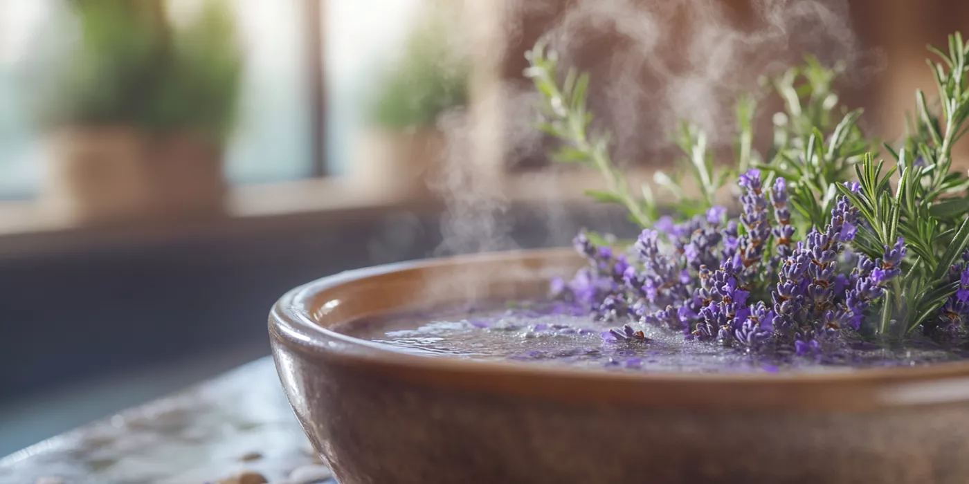 Spa setting with a bowl of steaming water infused with lavender, chamomile, and rosemary, surrounded by natural elements like wood and plants.
