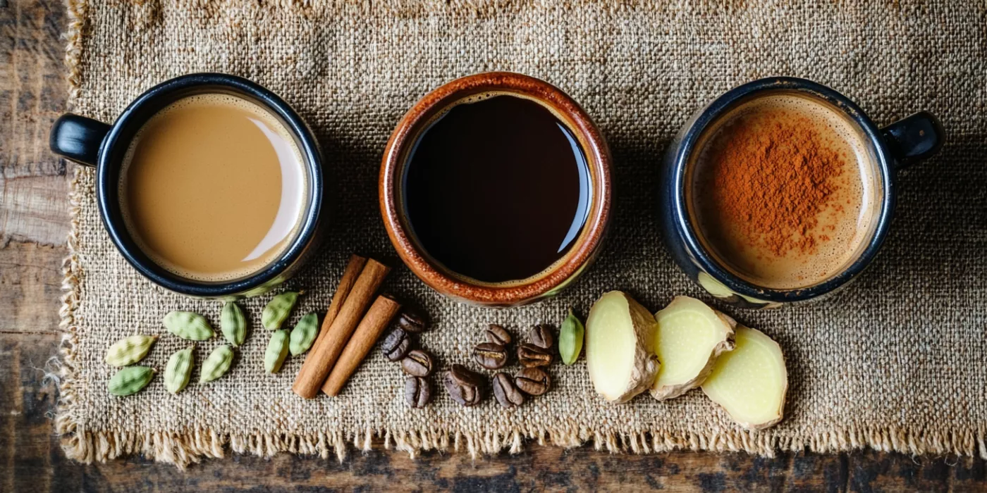hree cups of spiced coffee - cardamom coffee, Mexican Café de Olla, Indonesian Kopi Jahe - with spices and rustic setting