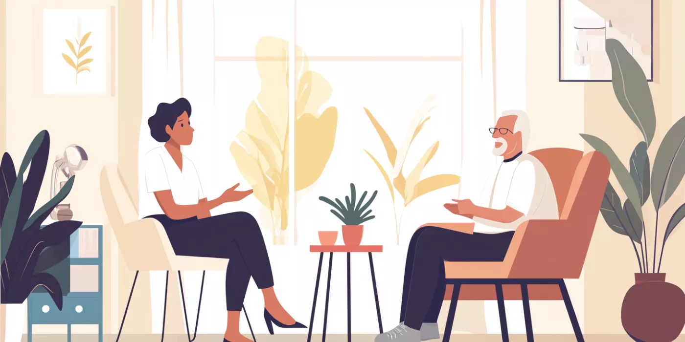 Therapist providing mental health support to an elderly person in a bright, cozy setting.