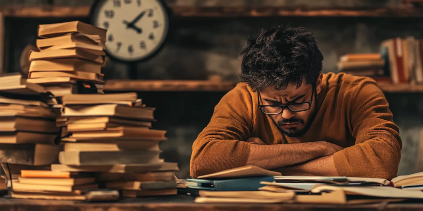 Student sitting at a desk with scattered books and notes, looking at a computer, symbolizing academic procrastination and stress