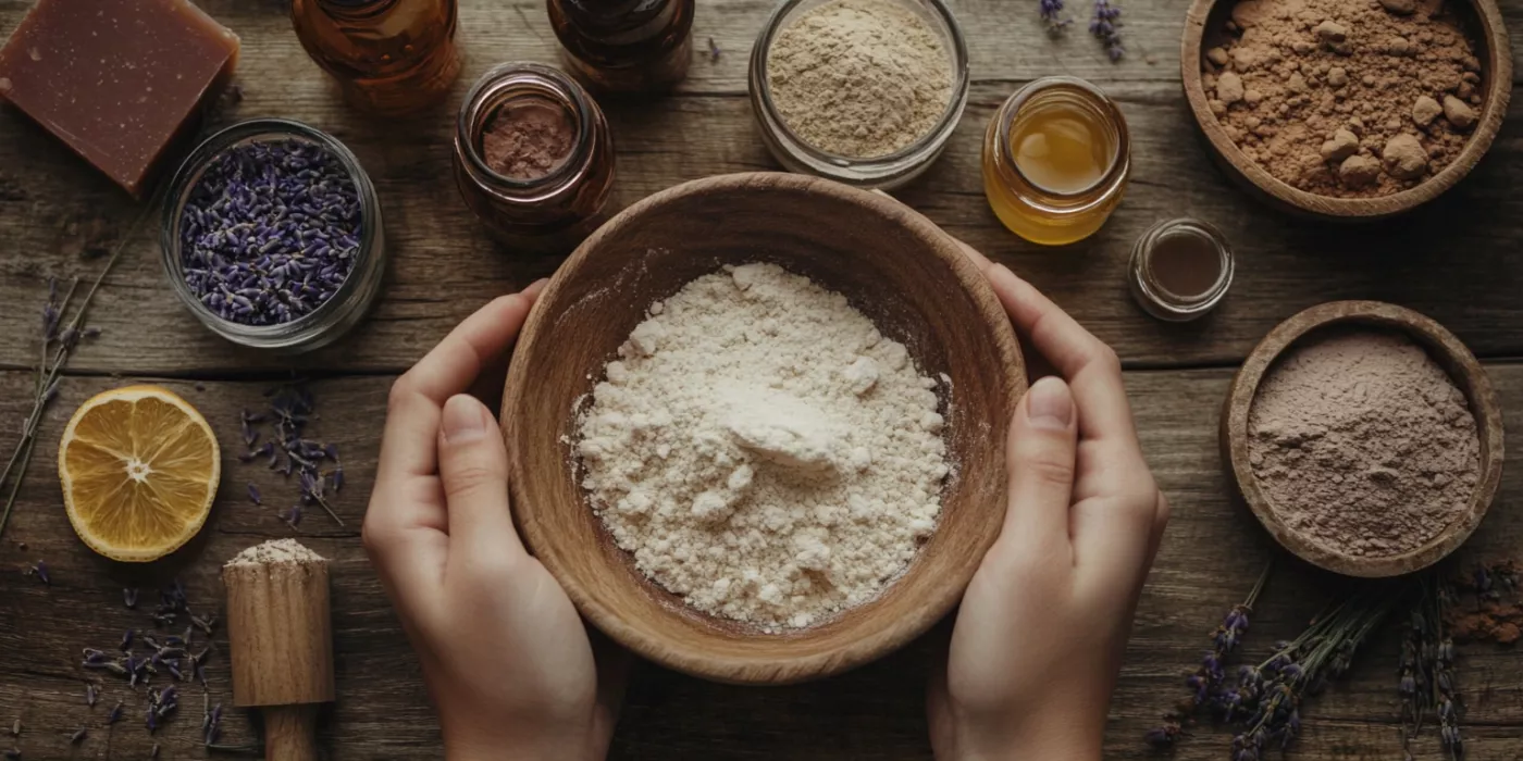 Hands mixing liquid soap with essential oils, glycerin, and natural ingredients for homemade soap making