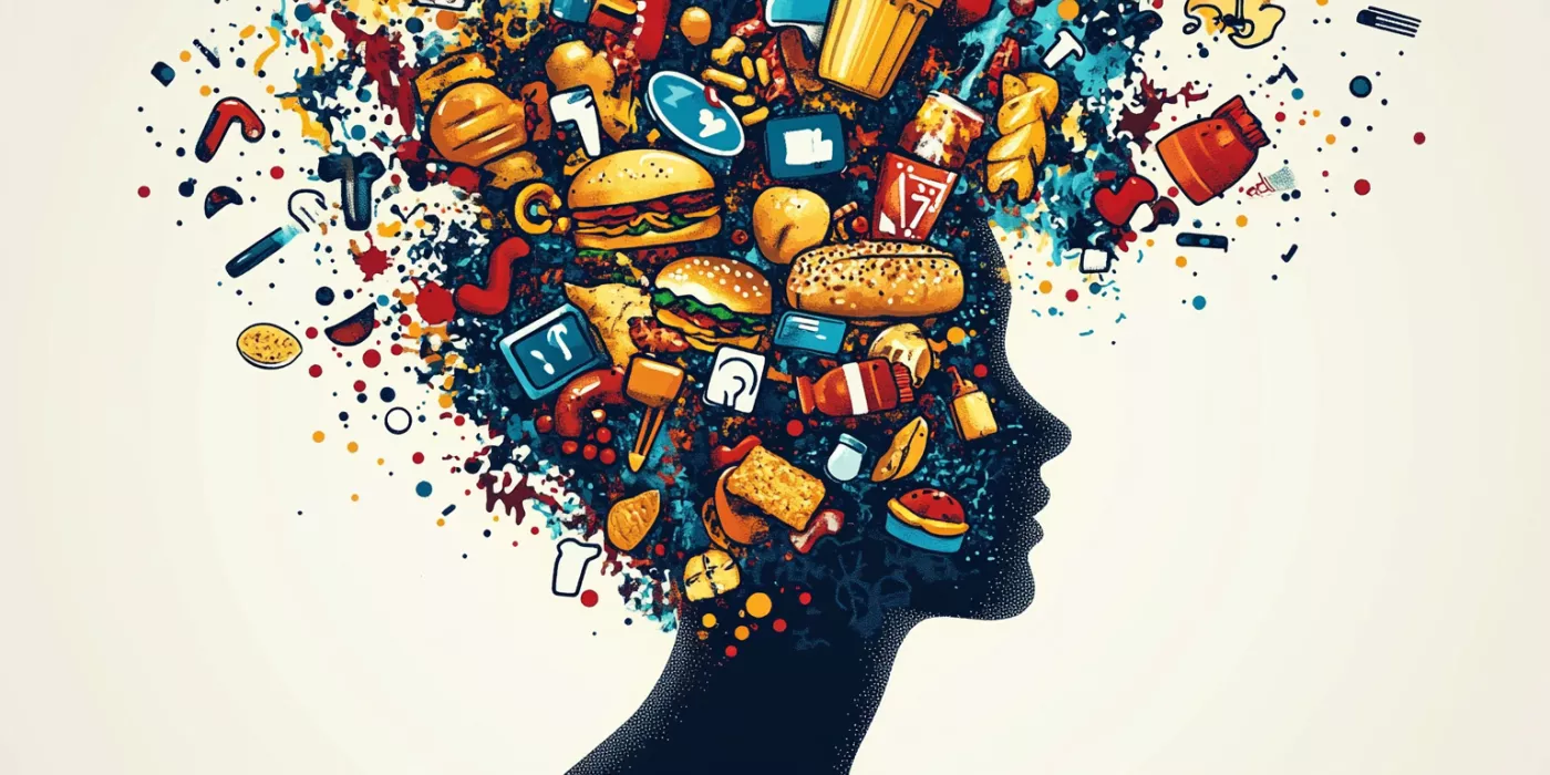 Person surrounded by overstimulation, with social media, fast food, and screens fading away