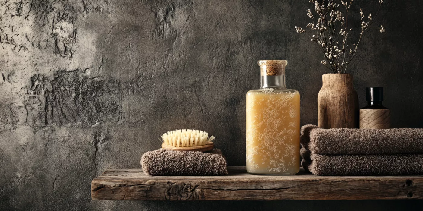 Eco-friendly homemade liquid soap in a glass bottle on a wooden bathroom shelf with natural decor