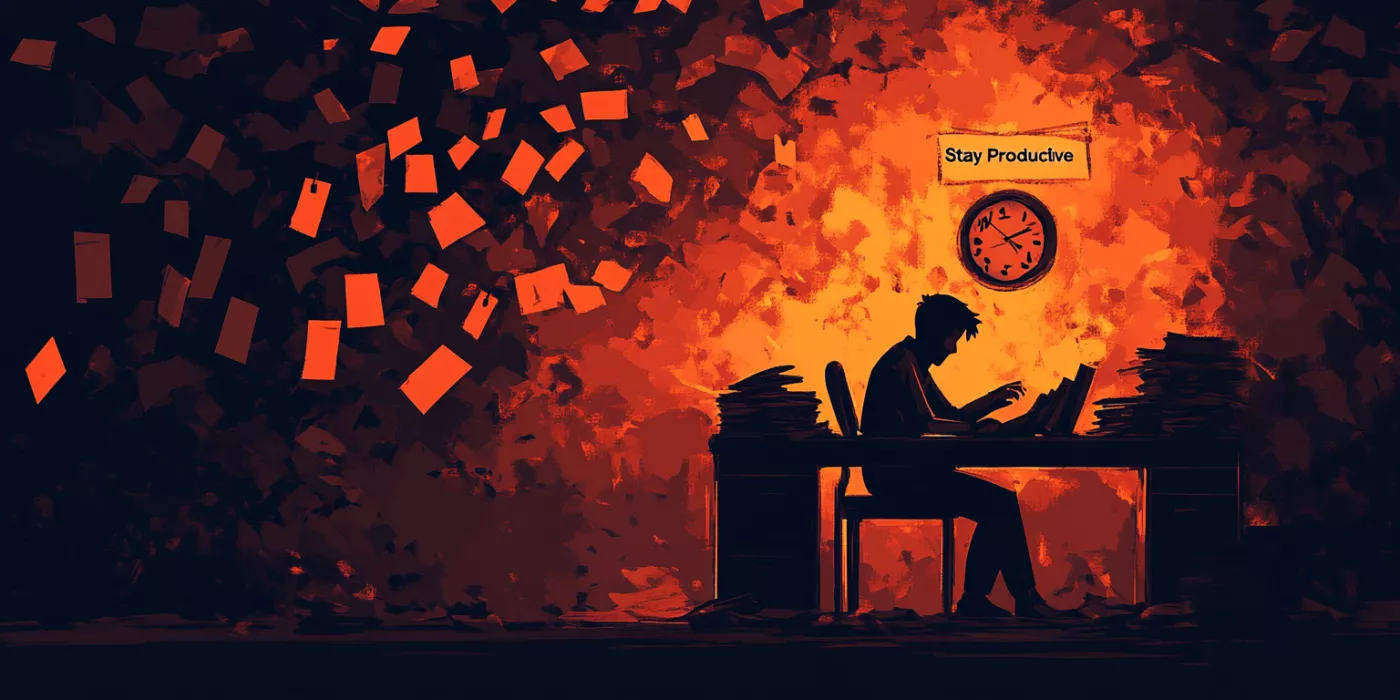 Person sitting at a cluttered desk, overwhelmed, with a clock showing time slipping away, representing procrastination at work.