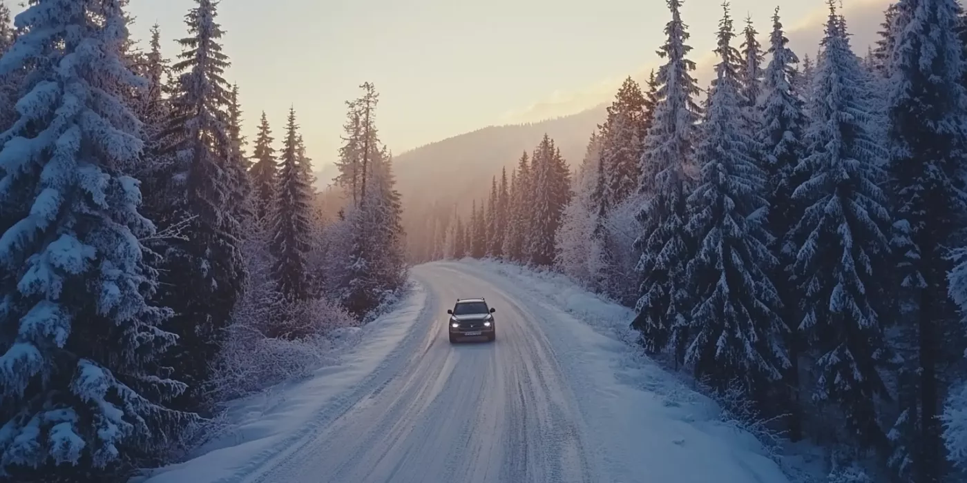 Essential car maintenance tips before winter - a car driving on a snowy winter road