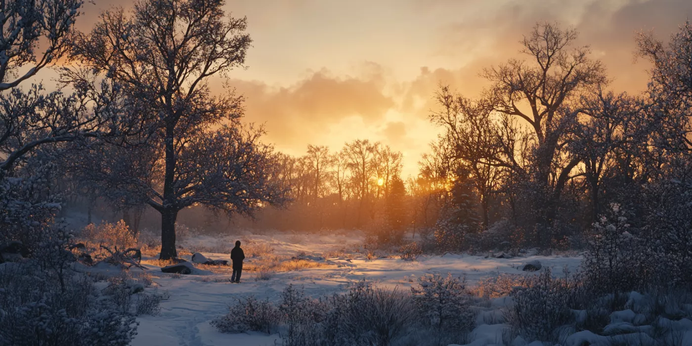 Winter sunrise with a person holding a warm drink, symbolizing comfort and hope during seasonal affective disorder treatment