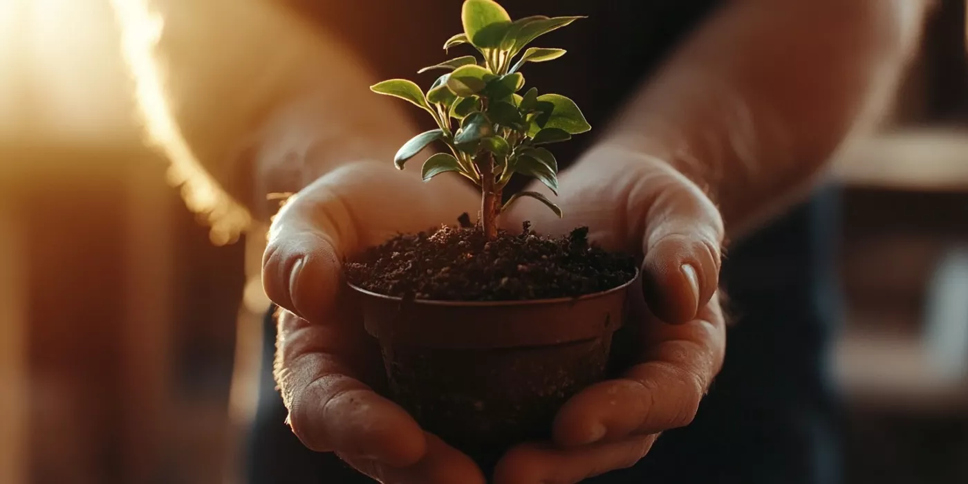 Hands nurturing a small indoor plant by a sunlit window, symbolizing self-care and mindfulness for managing mental health