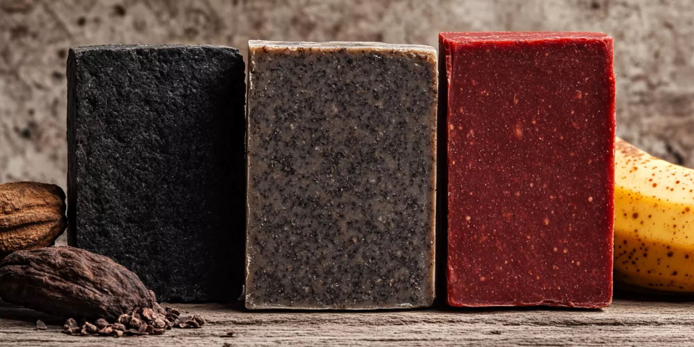 Antibacterial soap, carbolic soap, and African black soap arranged with natural ingredients for hygiene