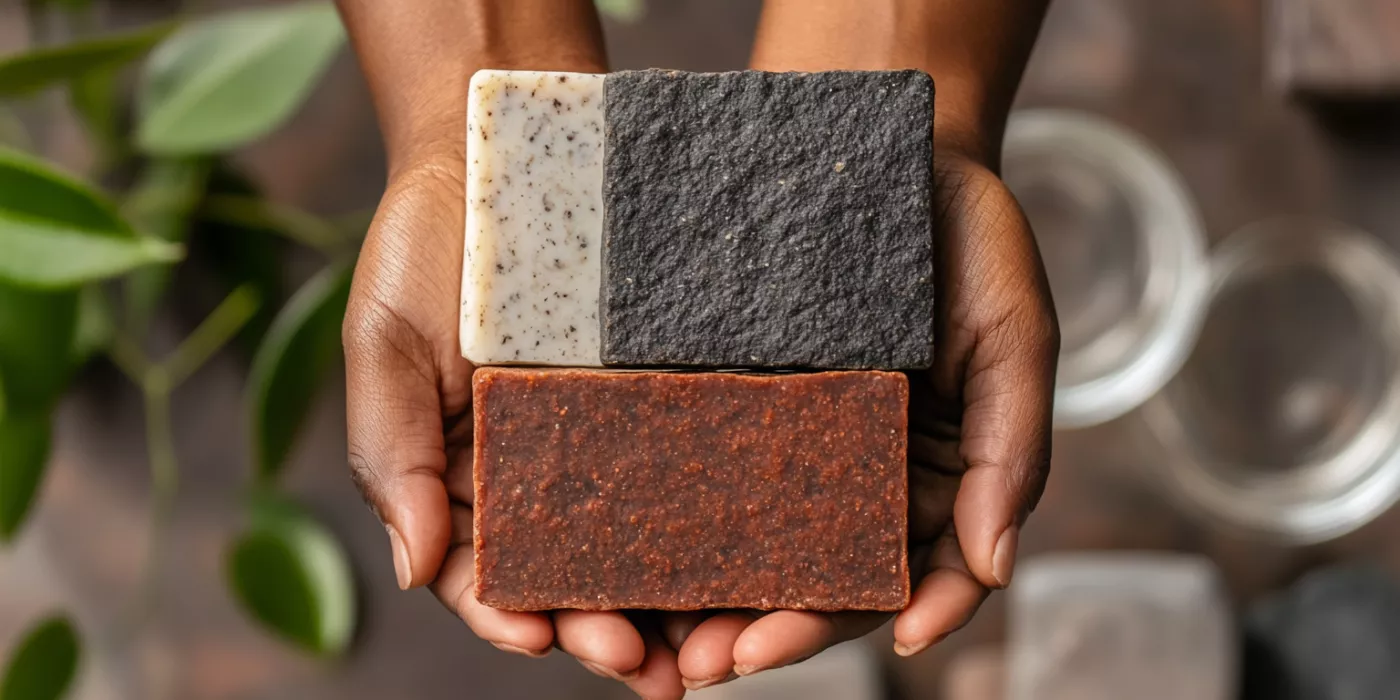 Hands holding antibacterial, carbolic, and black soap with natural elements, showcasing soap benefits